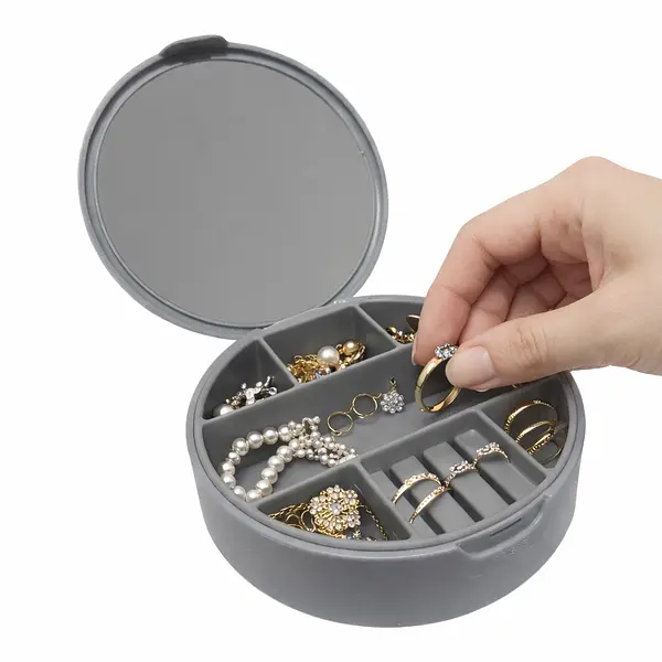 Mini Joyero Gris Redondo Con Espejo